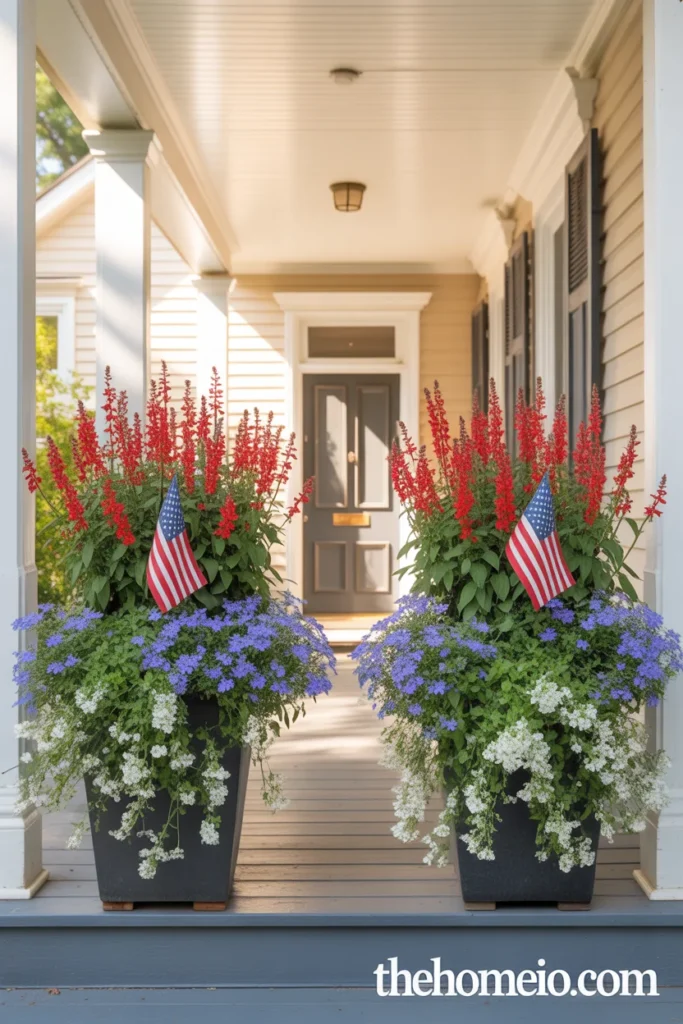 American home front porch with two large planters filled with red Salvia white Bacopa and blue Lobelia with small American flags tucked inside