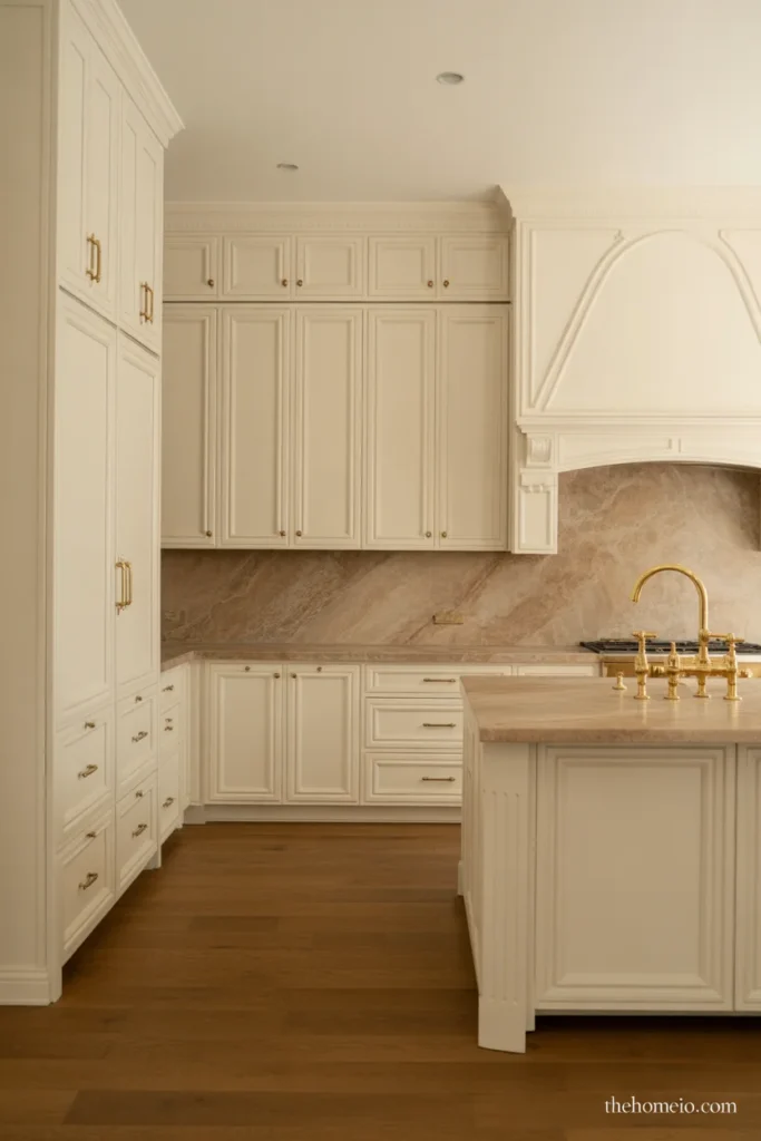 Kitchen with creamy off-white cabinets, warm marble backsplash, and oak floors
