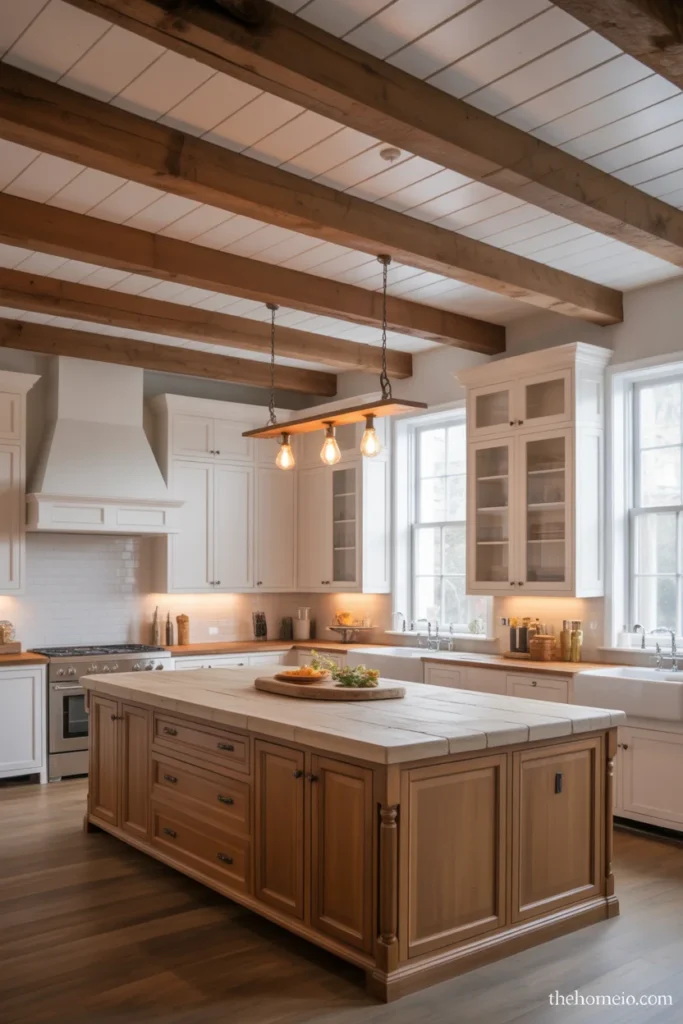 Warm farmhouse kitchen with exposed wood beams and mixed white and wood cabinets