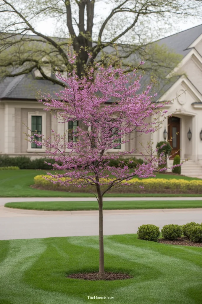 Front yard with an eastern redbud planted at a safe distance from the driveway and house