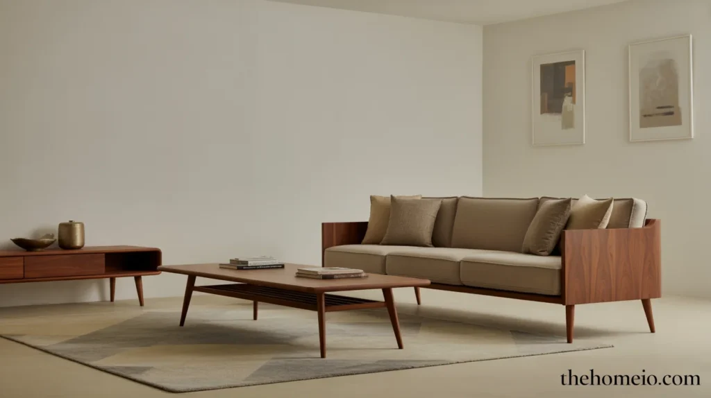Mid century modern living room with a low-profile sofa and clean-lined furniture