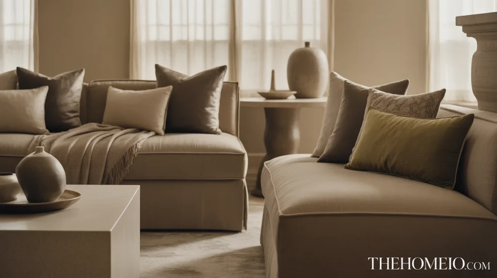 Neutral moody living room with tonal taupe, mushroom, and smoky olive shades