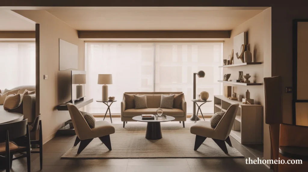 Small NYC apartment living room using two accent chairs instead of a second sofa