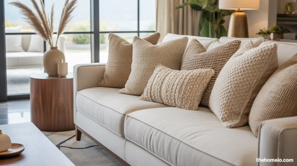 Cozy living room with textured throw pillows on a warm neutral sofa