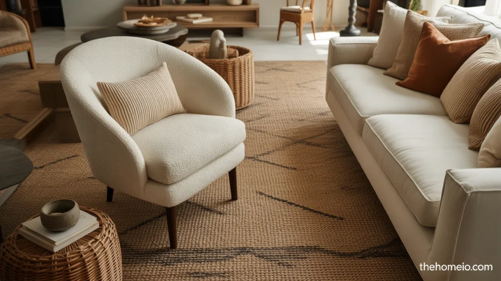 Modern contemporary living room with boucle, linen, woven accents, and layered texture