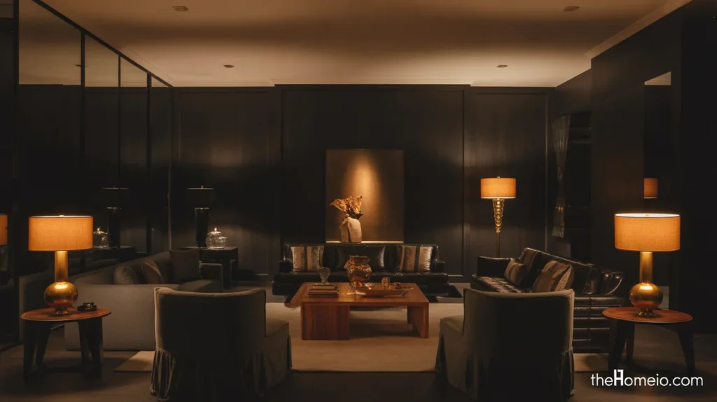 Moody living room with warm layered lighting and a cozy evening mood