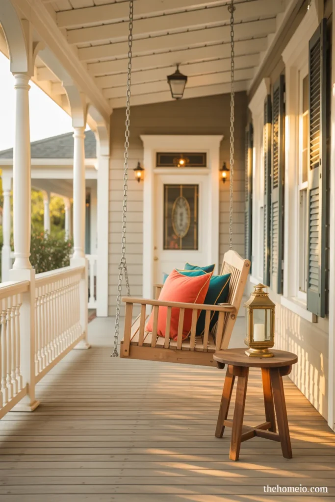 Natural wood porch swing with colorful outdoor pillows and side table lantern on American home front porch