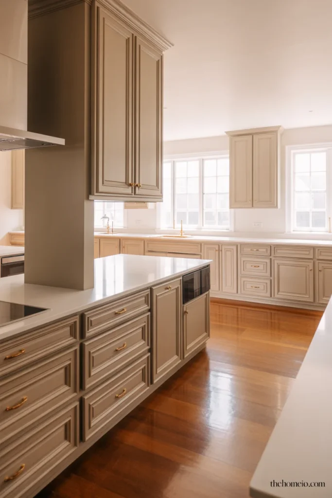 Kitchen with greige cabinets, white countertops, and warm brass accents