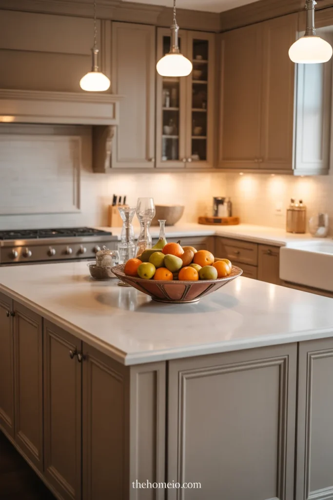 Kitchen island with a fruit bowl centerpiece on a white countertop
