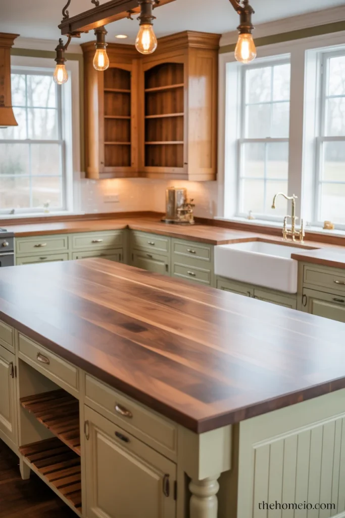 Modern farmhouse kitchen with a worktable-style island and mixed wood cabinetry