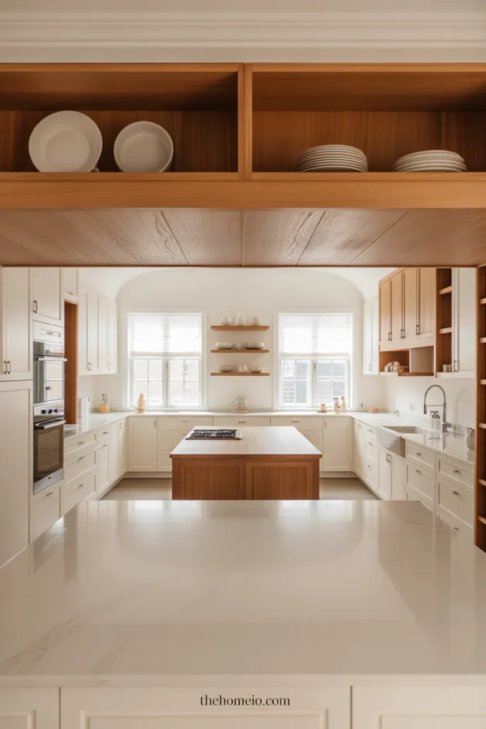 White kitchen with white oak island, oak shelves, and bright white cabinets