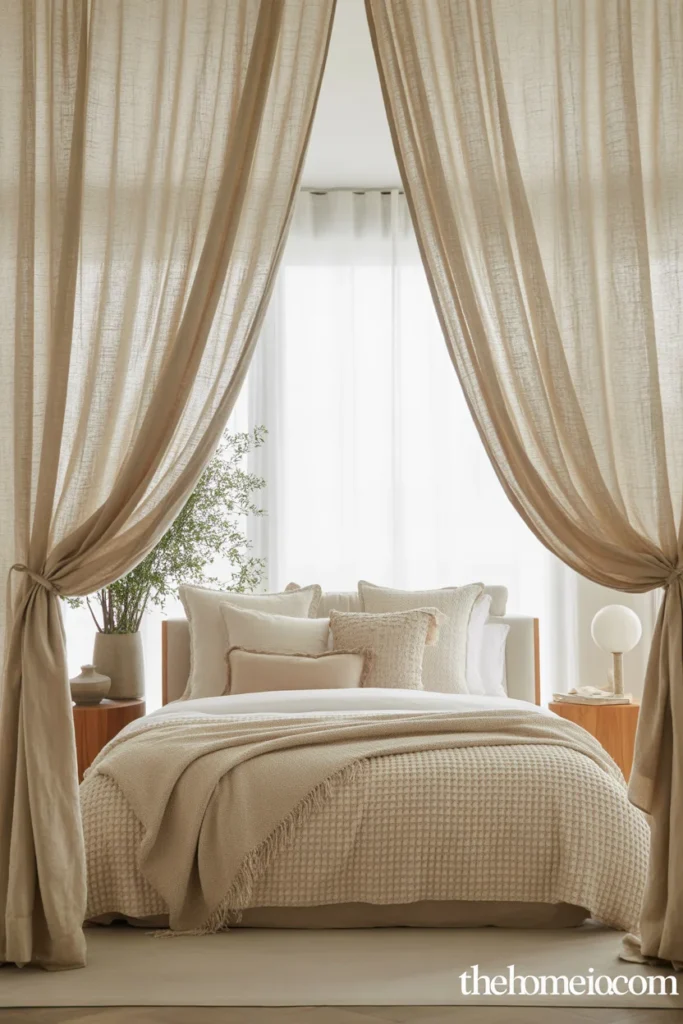 Bedroom with soft linen curtains and warm neutral decor