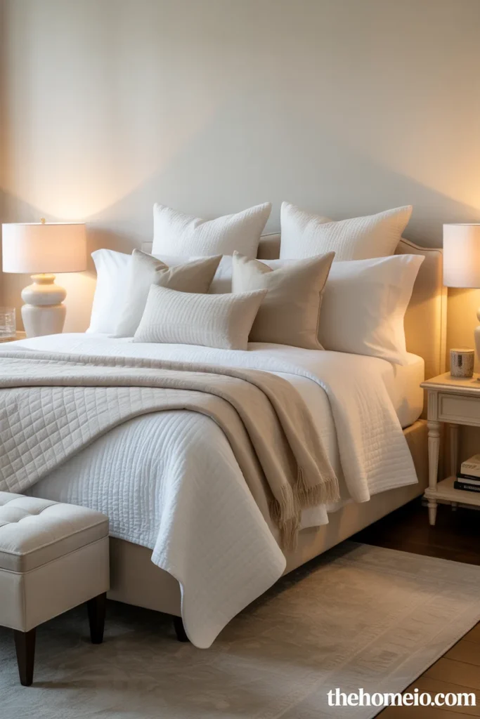 White bedroom styled with natural wood furniture and soft neutral textures