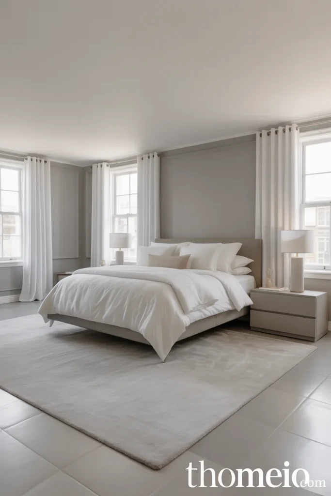 Grey bedroom balanced with white bedding, curtains, and a light rug
