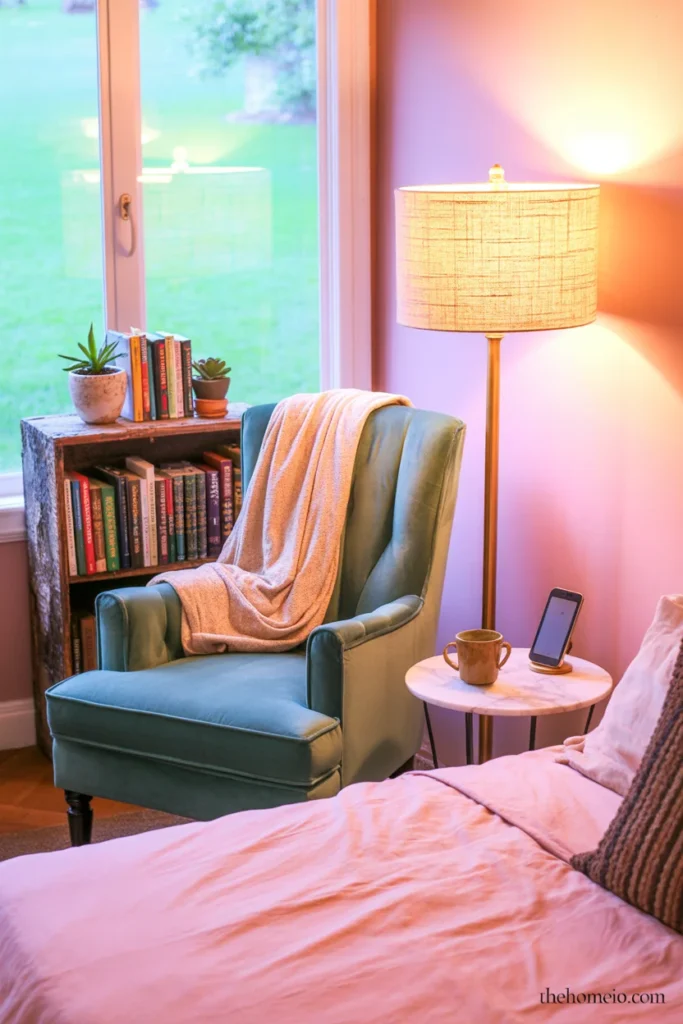 teen bedroom reading nook with accent chair throw blanket bookshelf and floor lamp in corner