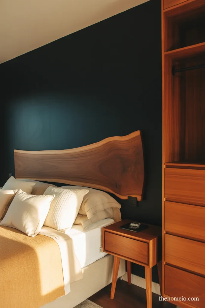 Black accent wall bedroom with warm wood headboard walnut nightstands honey dresser and cream bedding