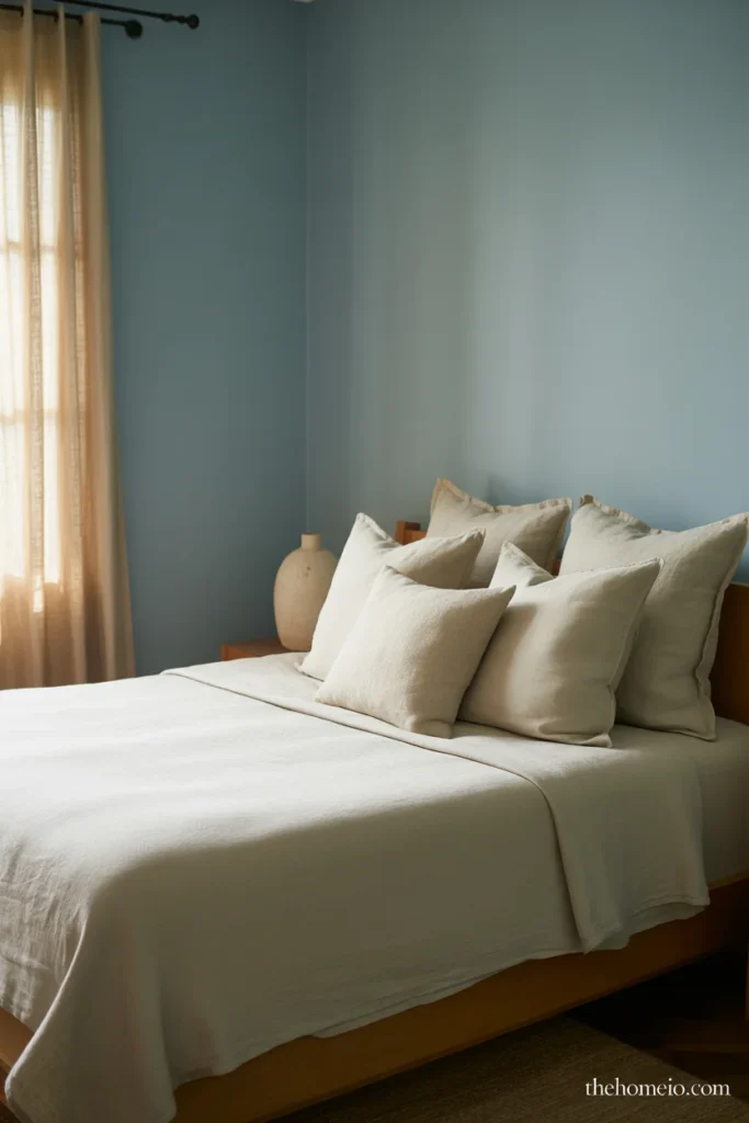 Romantic bedroom with soft dusty blue walls linen bedding cream pillows ceramic lamp and linen curtains