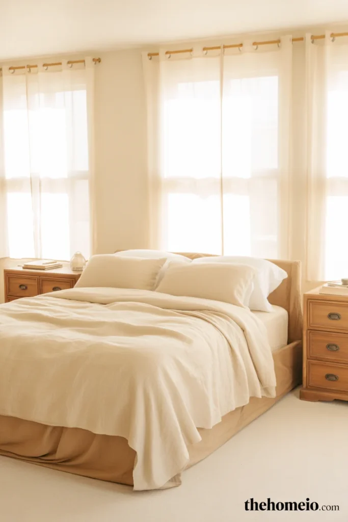 Bright warm white bedroom with natural wood furniture linen bedding aged brass hardware and sheer curtains