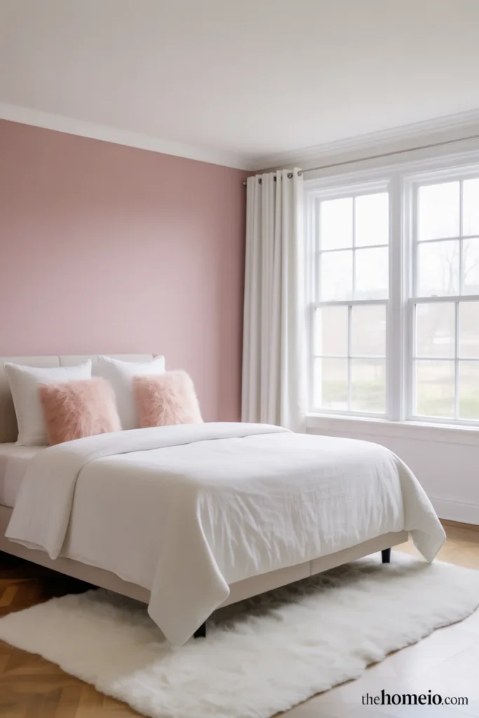 Crisp clean bedroom with medium pink accent wall white walls white bedding pink throw pillows and white rug