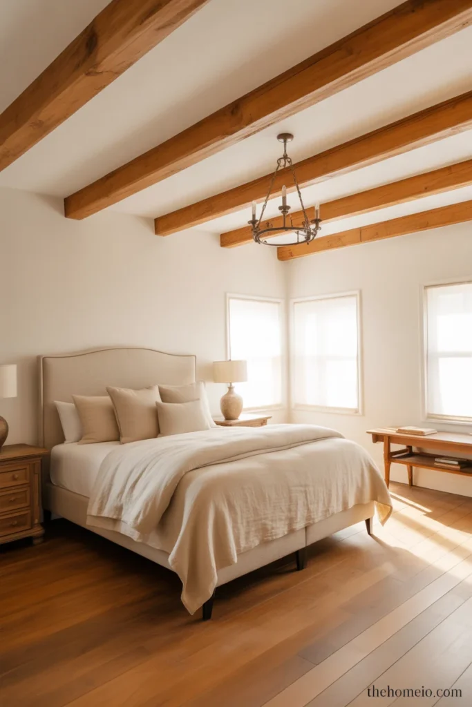 Warm farmhouse bedroom with exposed natural wood beams on white ceiling farmhouse chandelier and linen headboard