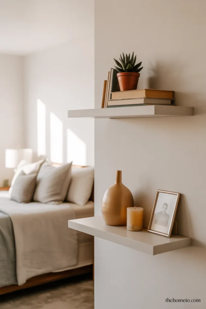 Bedroom wall with staggered floating shelves styled with plant books ceramic vase candle and framed photo