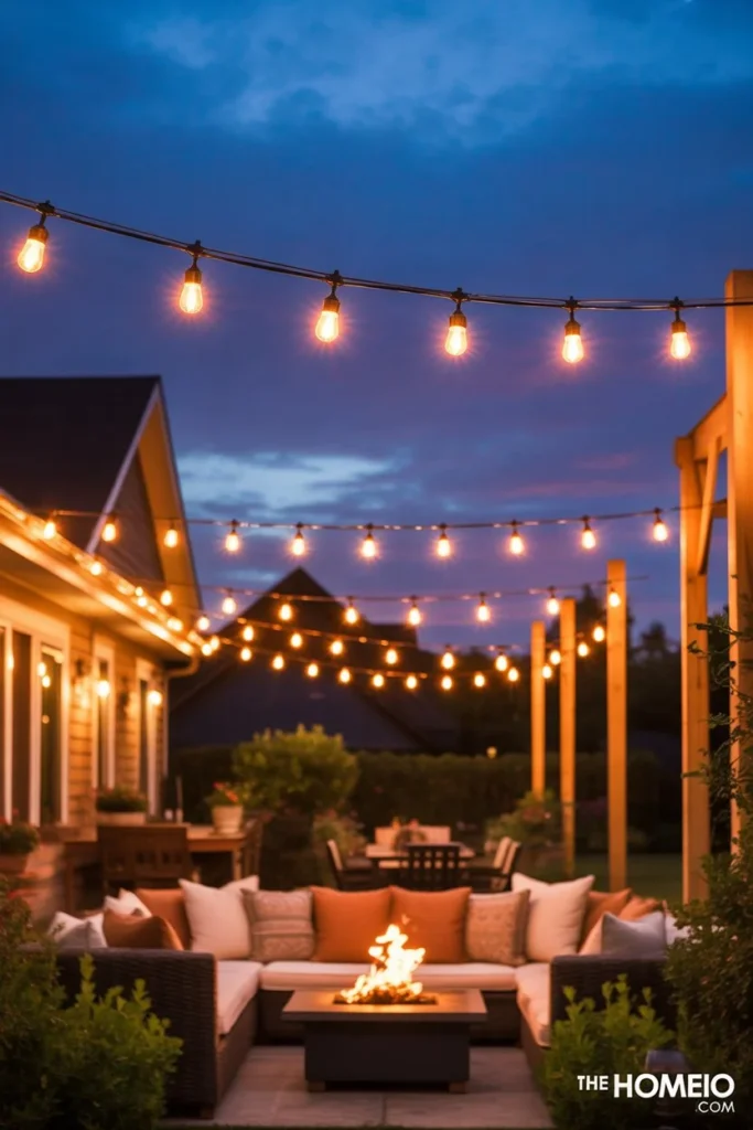 backyard patio at dusk with warm Edison string light canopy overhead seating area fire pit and deep blue evening sky