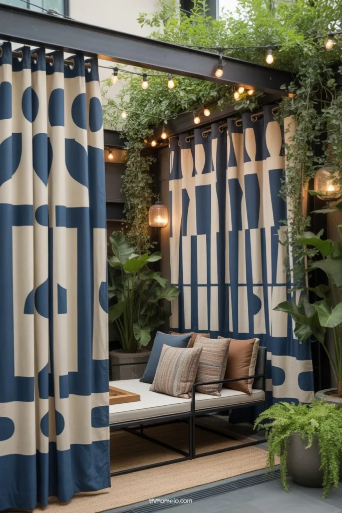 Neutral-colored weather-resistant patio curtains on a pergola, modern outdoor sofa set, durable materials visible, bright but soft sunlight, clean and stylish backyard setup,