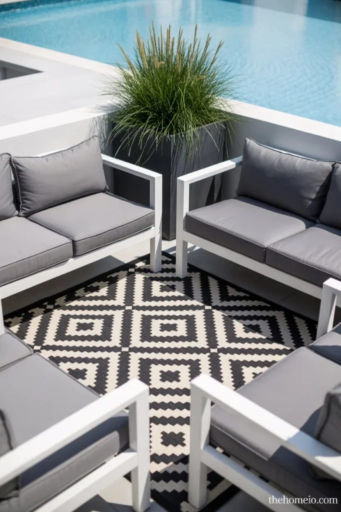 Modern American patio with bold black and white geometric diamond pattern outdoor rug white aluminum furniture and gray cushions
