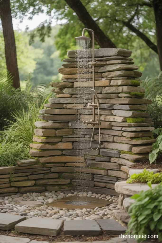 outdoor shower with freestanding dry-stacked natural fieldstone wall pebble floor and lush surrounding garden planting
