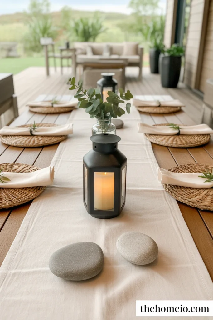 patio table with complete outdoor tablescape including linen runner lantern eucalyptus vase river stones and woven placemats