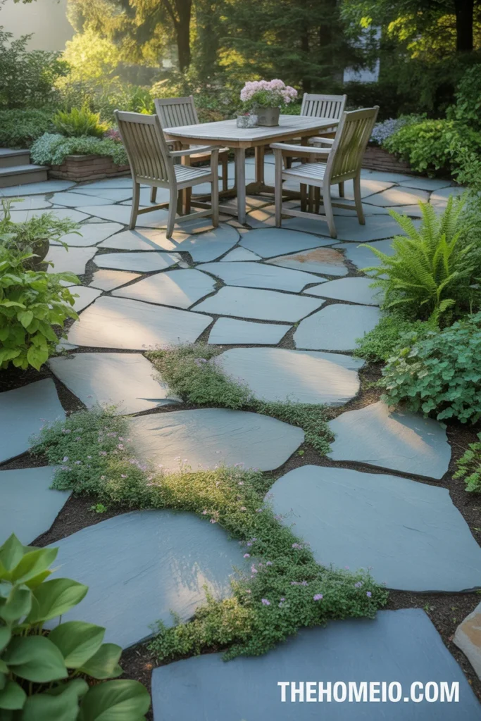 patio with irregular natural bluestone flagstone pavers and creeping thyme growing in joints