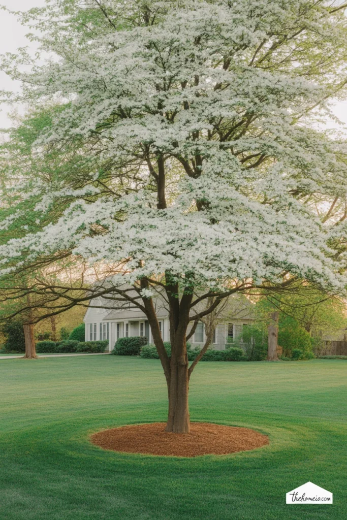 White Dogwood flowering tree in full spring bloom as focal point in front yard landscape