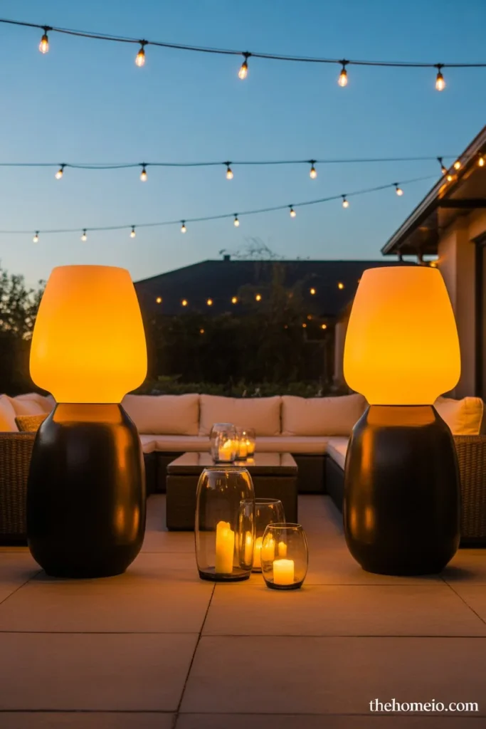 backyard patio seating area with large matte black floor lanterns glowing beside sectional sofa and glass hurricane candles on coffee table