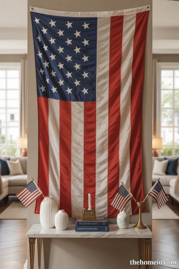 American home living room with large quality cotton American flag hung horizontally on wall as design element above styled console table