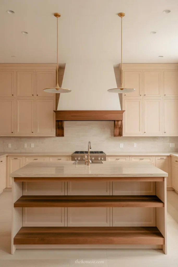 Modern kitchen with soft beige cabinets, warm wood accents, and stone countertops