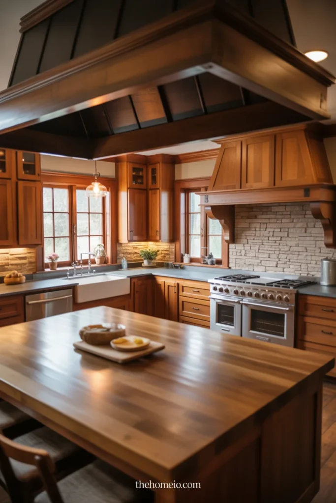 Rustic kitchen with stone backsplash wall, wood cabinets, and farmhouse sink