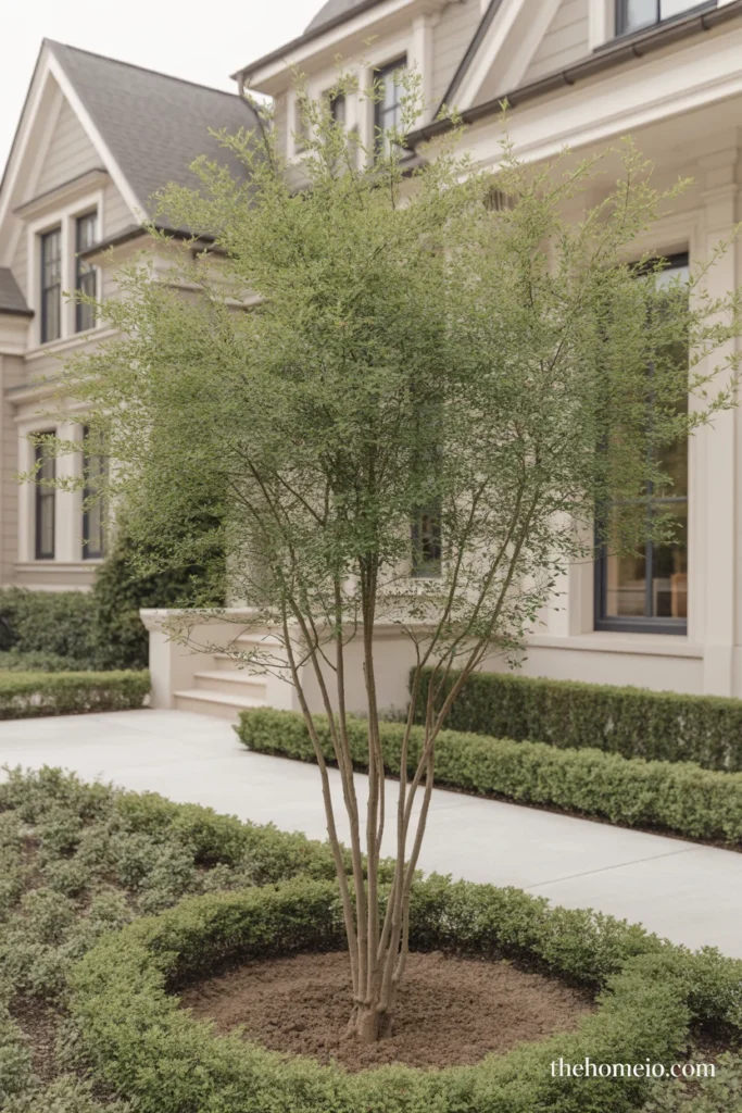 Front yard with a serviceberry tree in a neat border planting