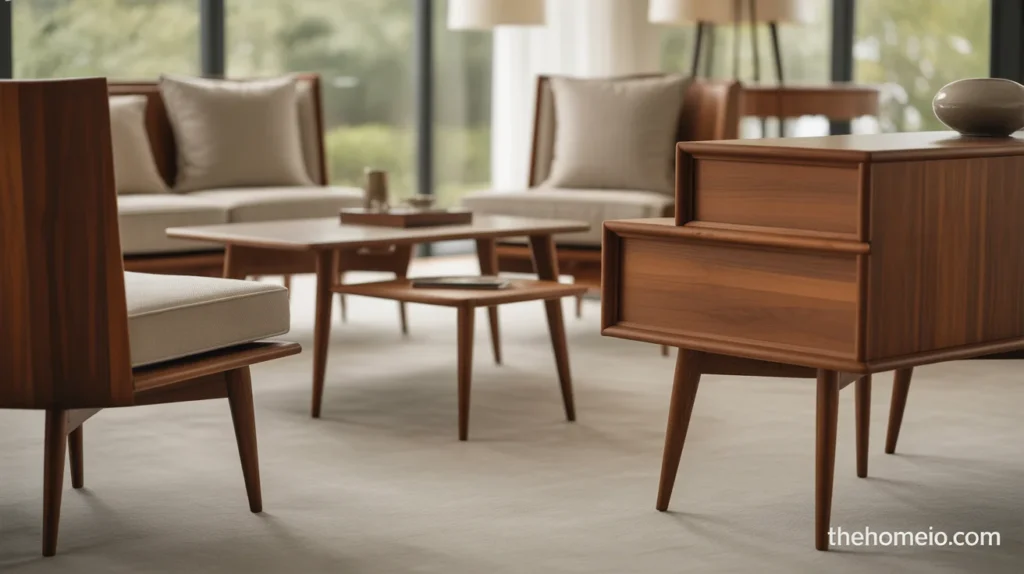 Stylish mid century modern living room with tapered-leg furniture and open floor space