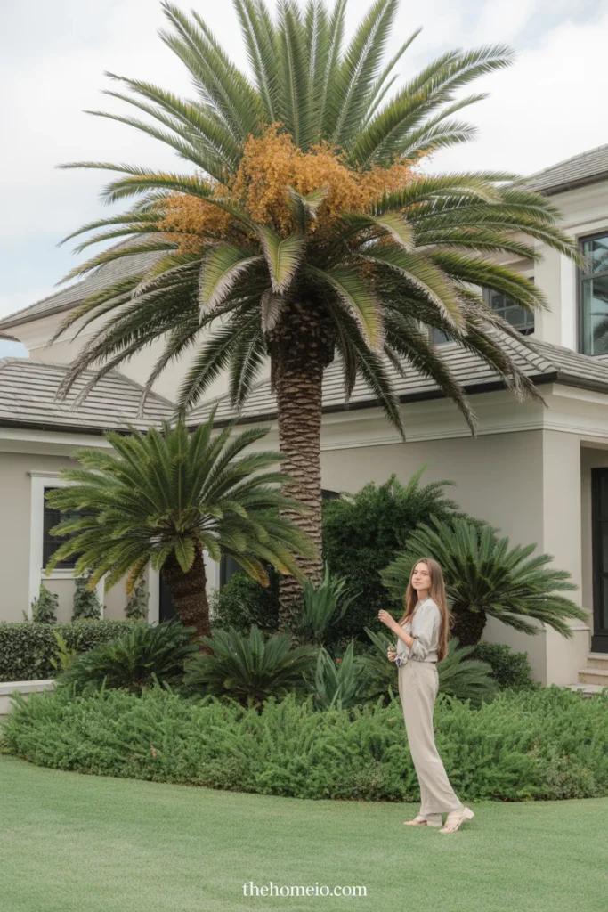 Front yard using mixed palm heights for more depth and tropical curb appeal