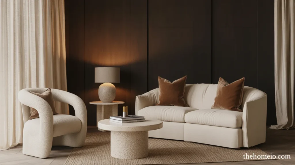Moody neutral living room layered with boucle, linen, velvet, and textured rug