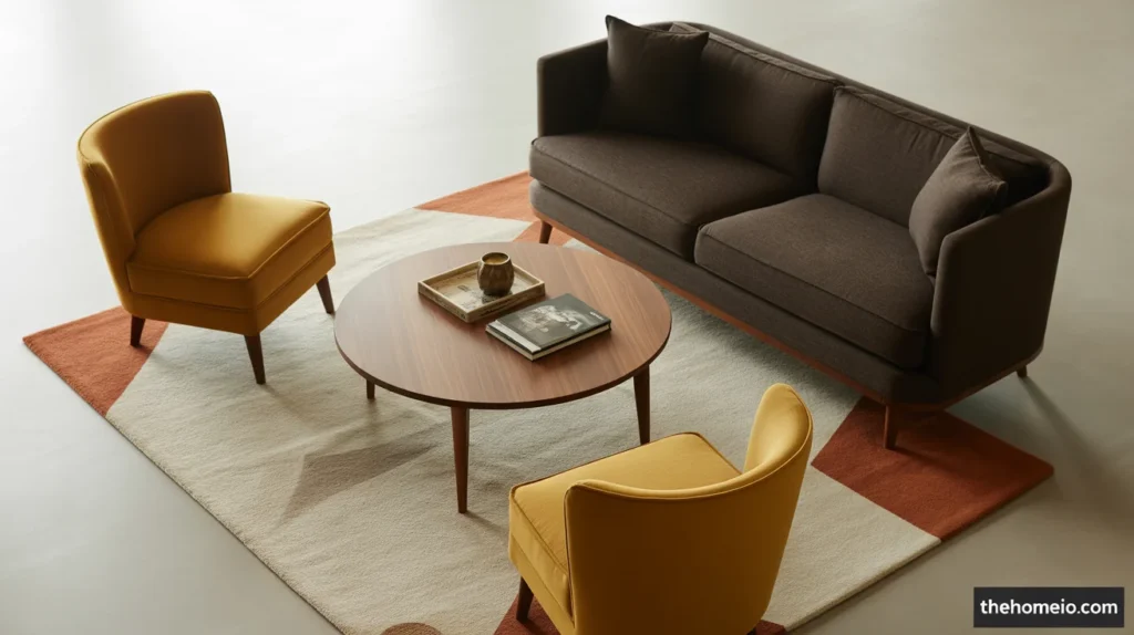 Small living room with a round walnut coffee table and a compact mid-century layout