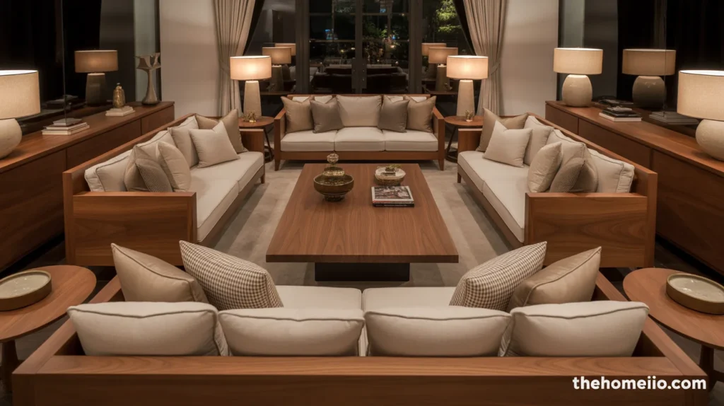 Warm living room with walnut furniture and soft neutral seating