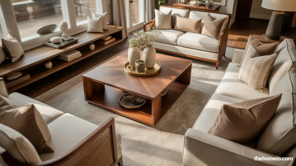 Contemporary living room with warm wood furniture and neutral seating