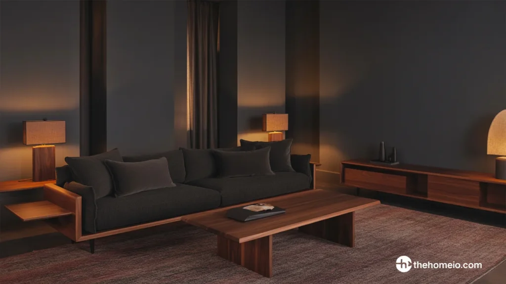 Moody living room with dark walls balanced by rich walnut furniture