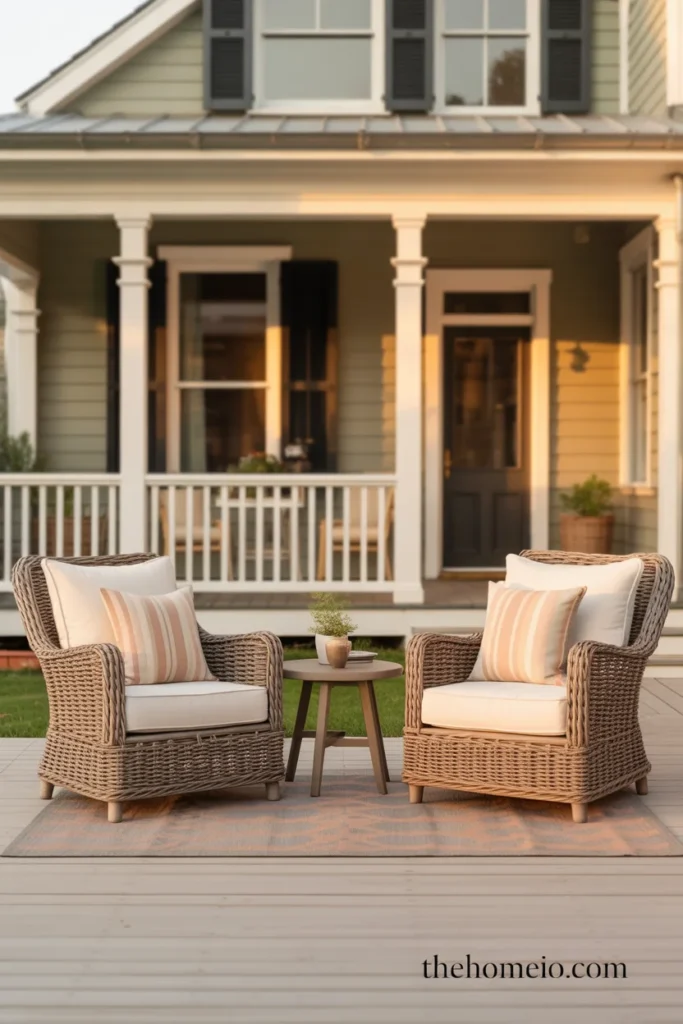 Styled front porch seating area with wicker chairs cushions outdoor rug and side table on American home porch