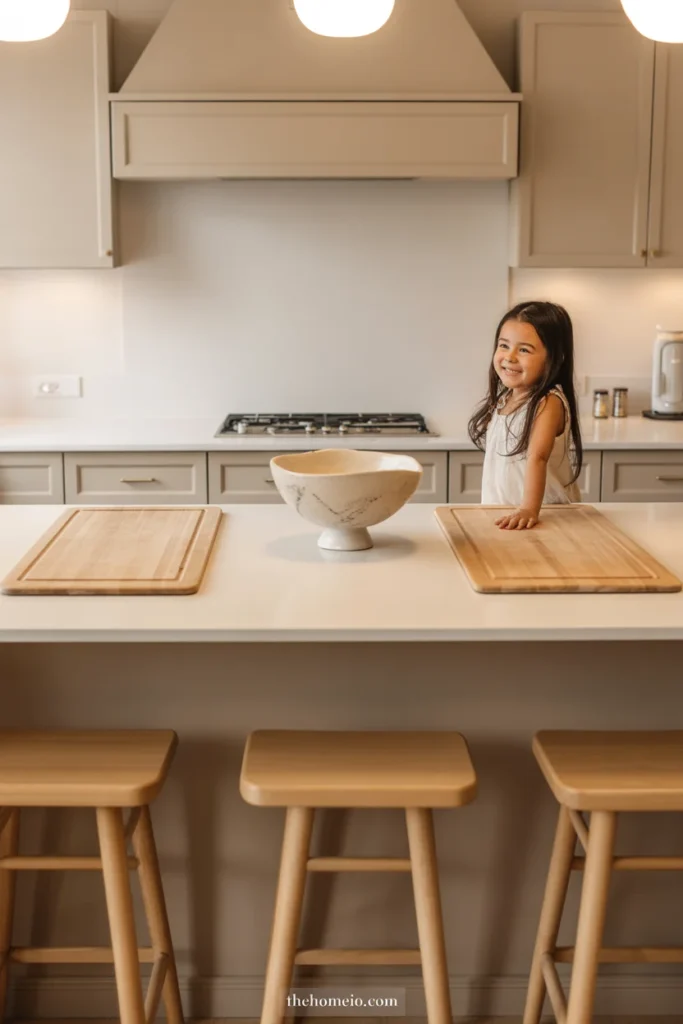 Kitchen island styled with wooden cutting boards and warm neutral decor