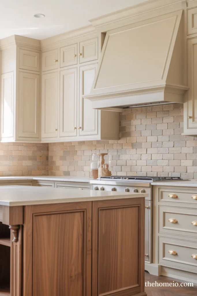 Modern farmhouse kitchen with cream cabinets mixed with warm wood cabinets