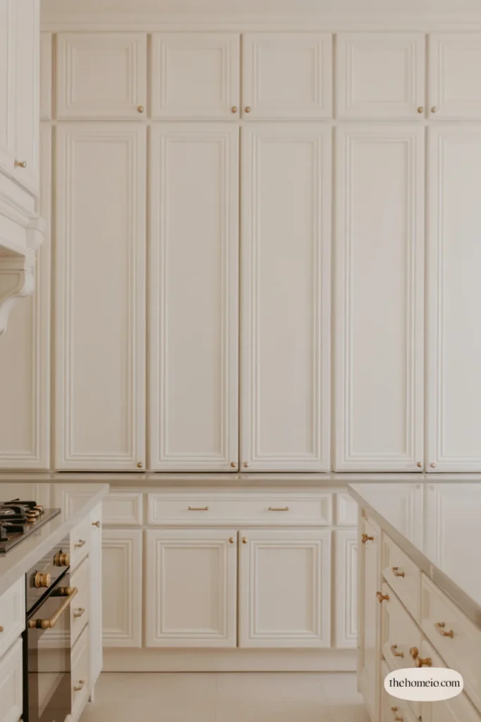 White kitchen with paneled cabinet fronts and brass details