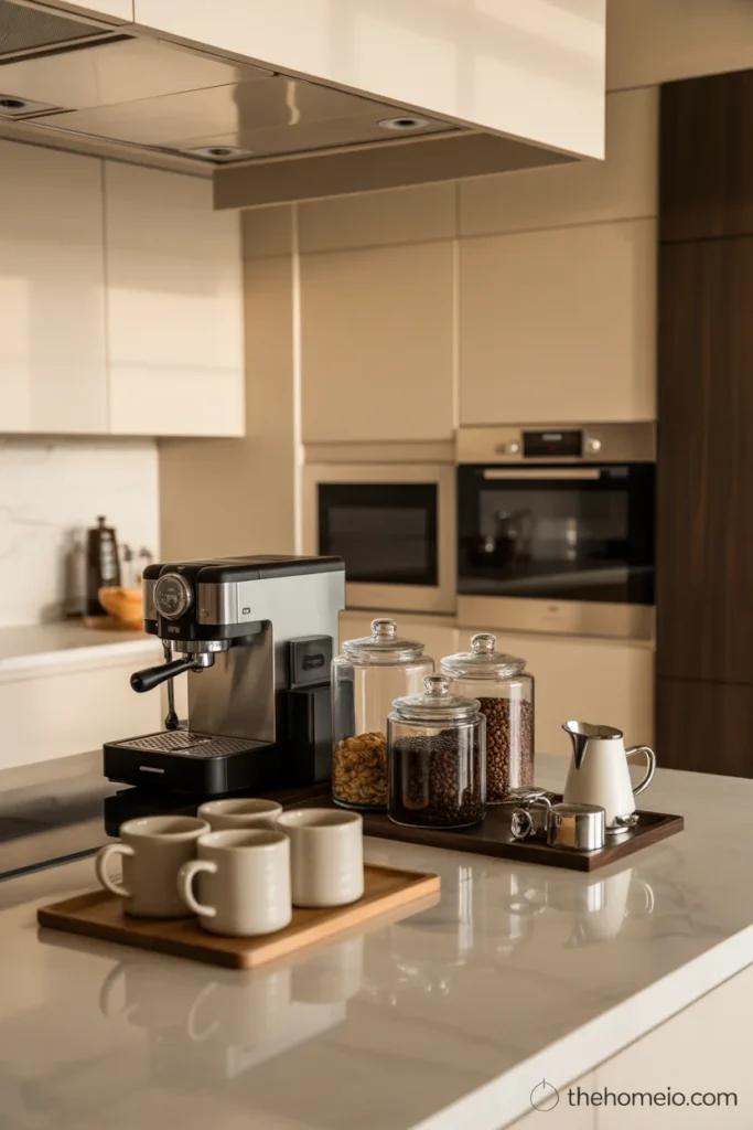 White kitchen with paneled cabinet fronts and brass details