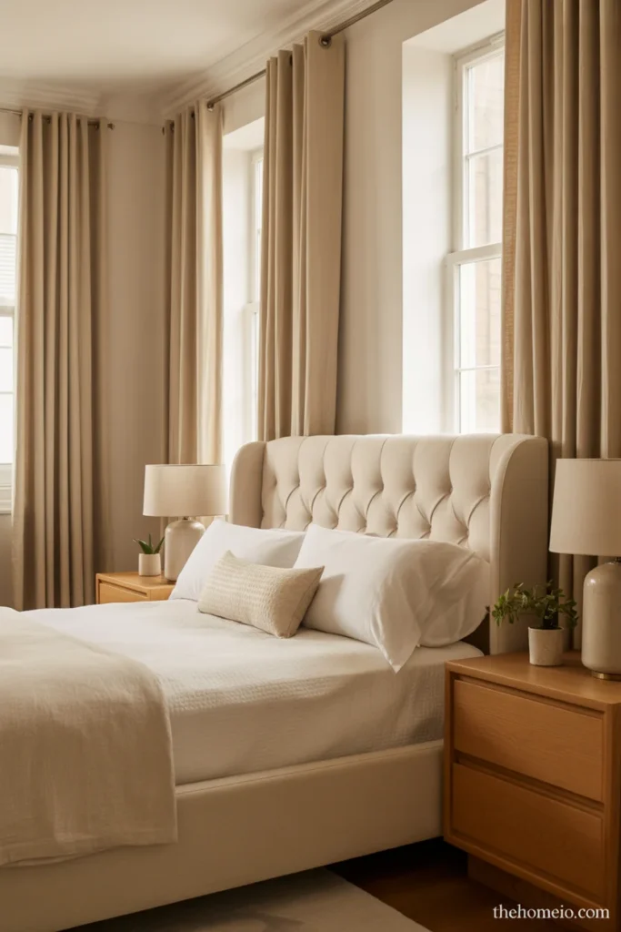 Bedroom with soft neutral curtains in beige and oatmeal tones